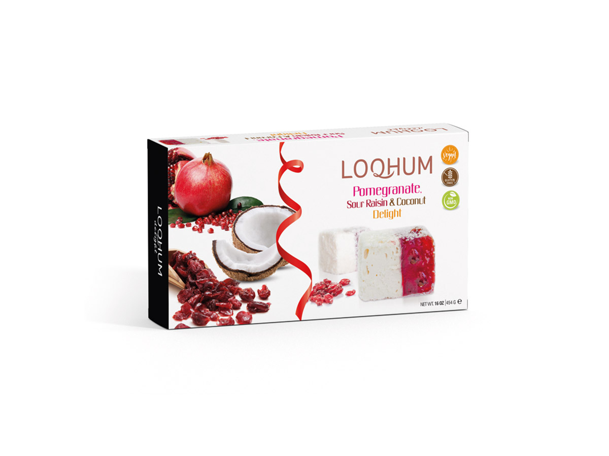 Pomegranate & Sour Raisin Coated With Coconut || Mediterranean Specialty Foods Inc. | Special Turkish Delights, Extra Turkish Delights, Chocolate Delights, Cezerye, Seasoned Turkish Delights, Fruit Delights, Sujuk and Wrapped Turkish Delights and All Variety Turkish Delights